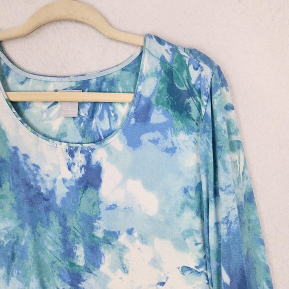 Chicos Shirt Womens XL Blue 3 Abstract Watercolor Long Sleeve Scoop Neck Top - Picture 2 of 9